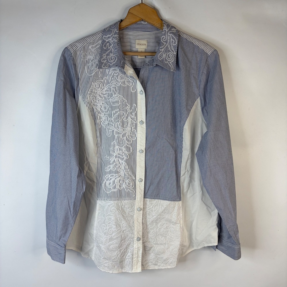 Chico's Button Down Shirt Womens 3 Blue White Striped Embroidered Mixed Media